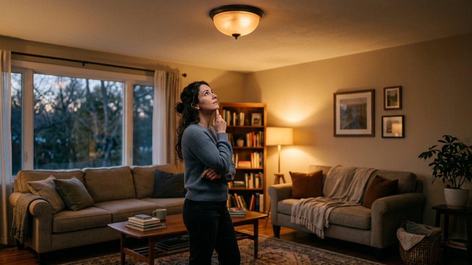 A homeowner looking up at a flickering ceiling light in a living room.