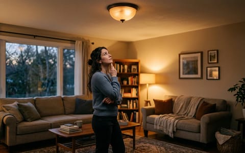 A homeowner looking up at a flickering ceiling light in a living room.