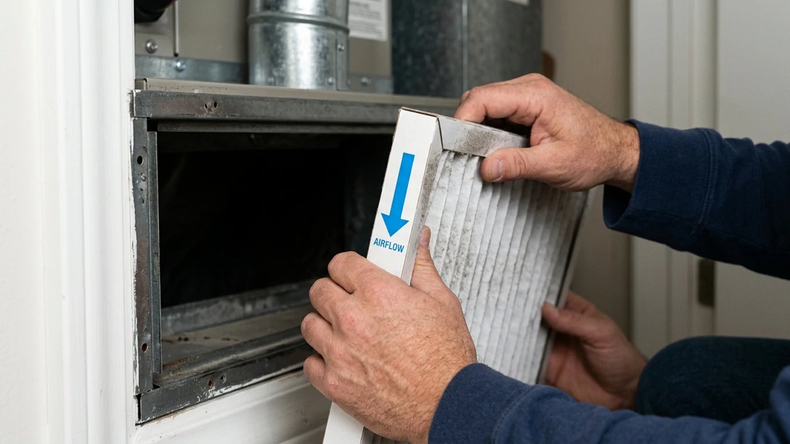 Hands removing a dusty furnace filter from an HVAC unit
