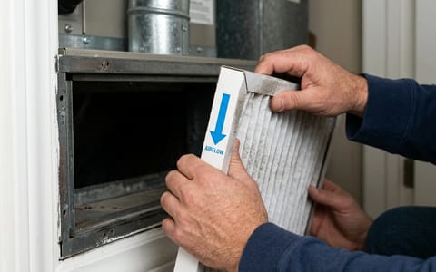 Hands removing a dusty furnace filter from an HVAC unit