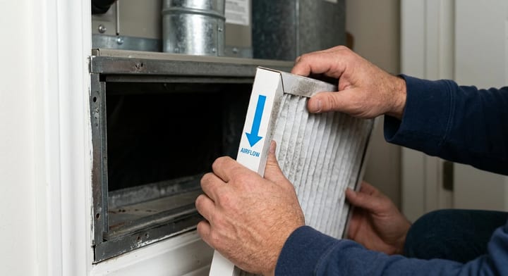 Hands removing a dusty furnace filter from an HVAC unit