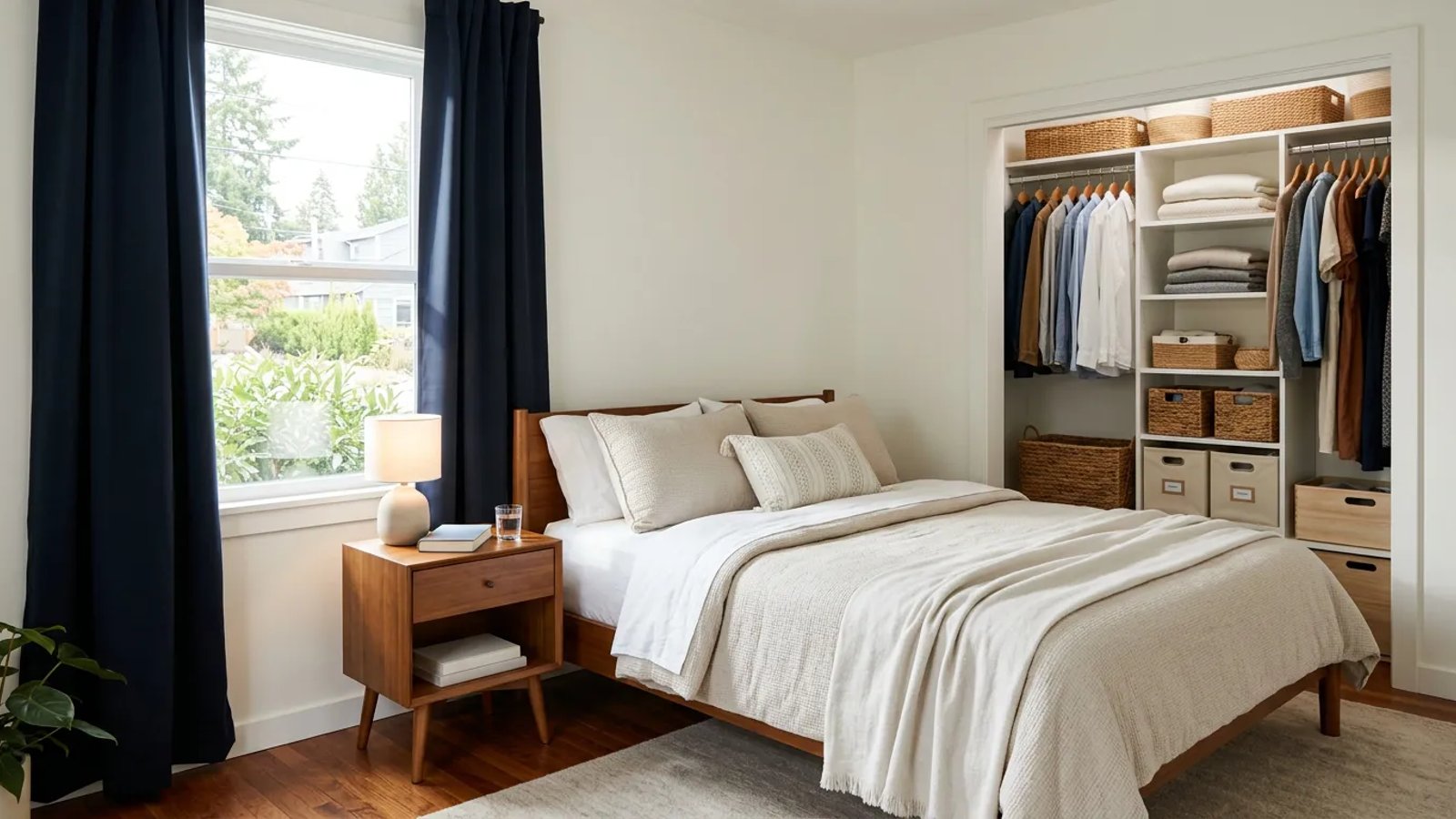 A clean, organized bedroom showcasing practical DIY improvements like hidden cables and blackout curtains