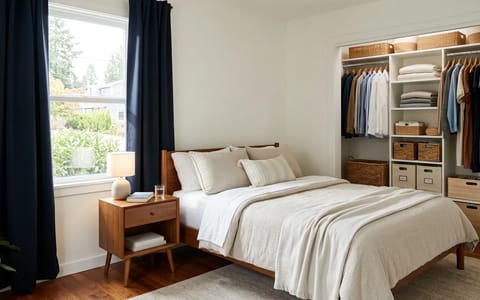 A clean, organized bedroom showcasing practical DIY improvements like hidden cables and blackout curtains