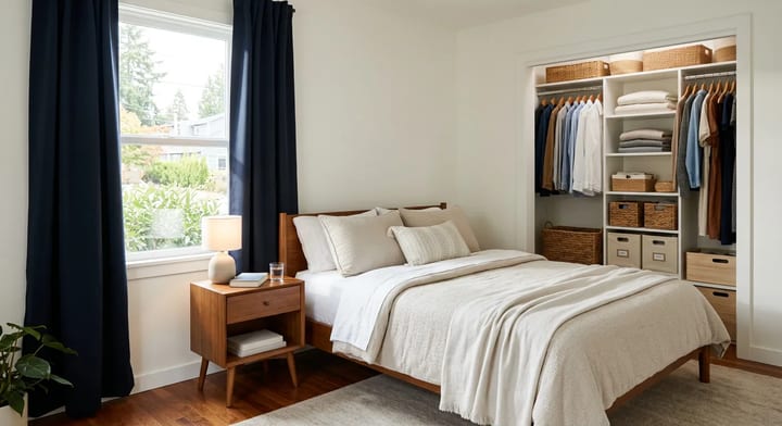 A clean, organized bedroom showcasing practical DIY improvements like hidden cables and blackout curtains