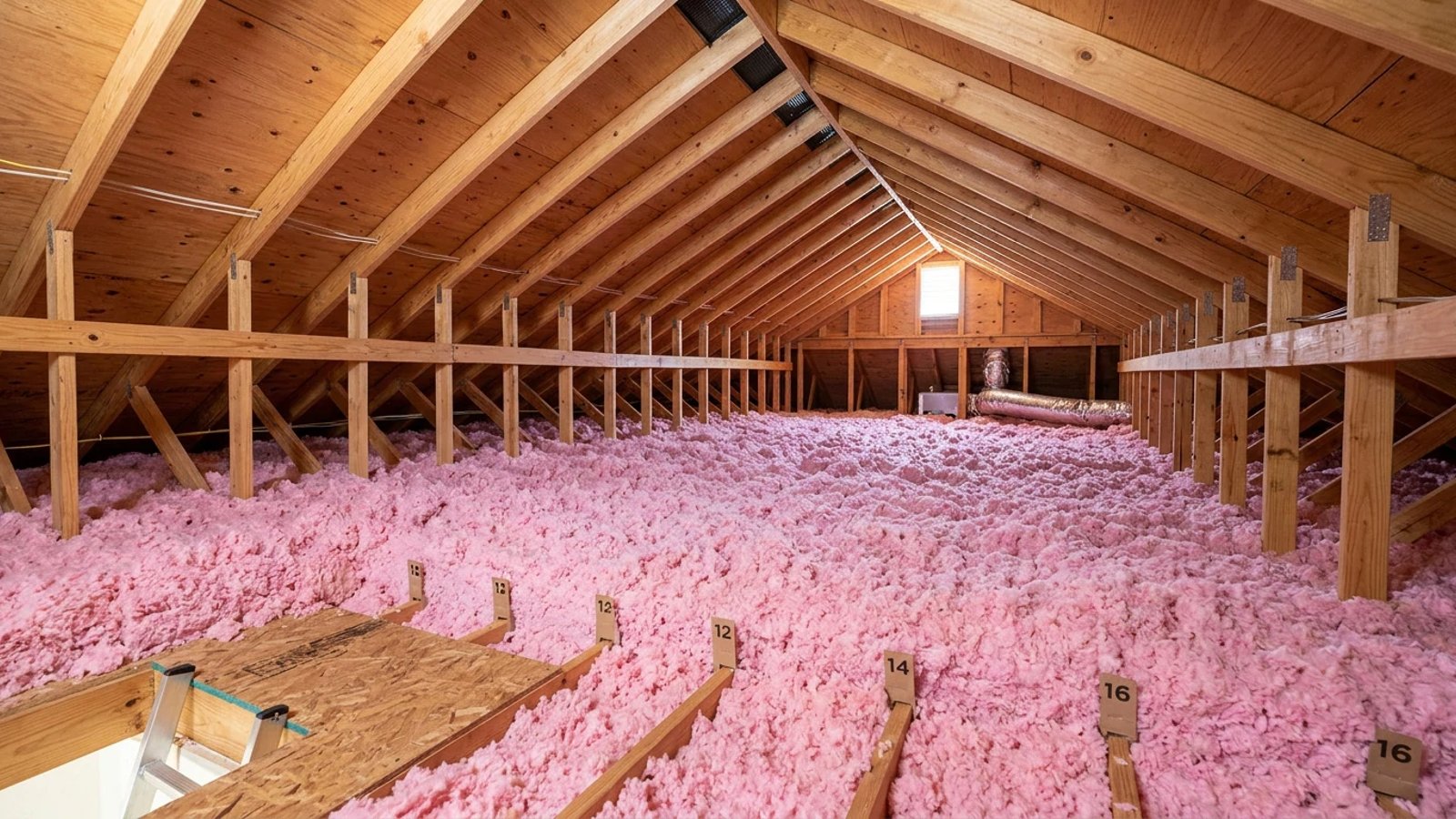 A well-lit residential attic freshly insulated with thick pink blown-in fiberglass.
