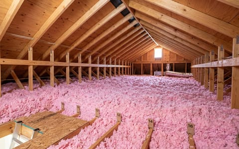 A well-lit residential attic freshly insulated with thick pink blown-in fiberglass.