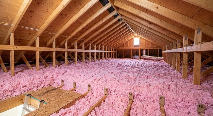 A well-lit residential attic freshly insulated with thick pink blown-in fiberglass.