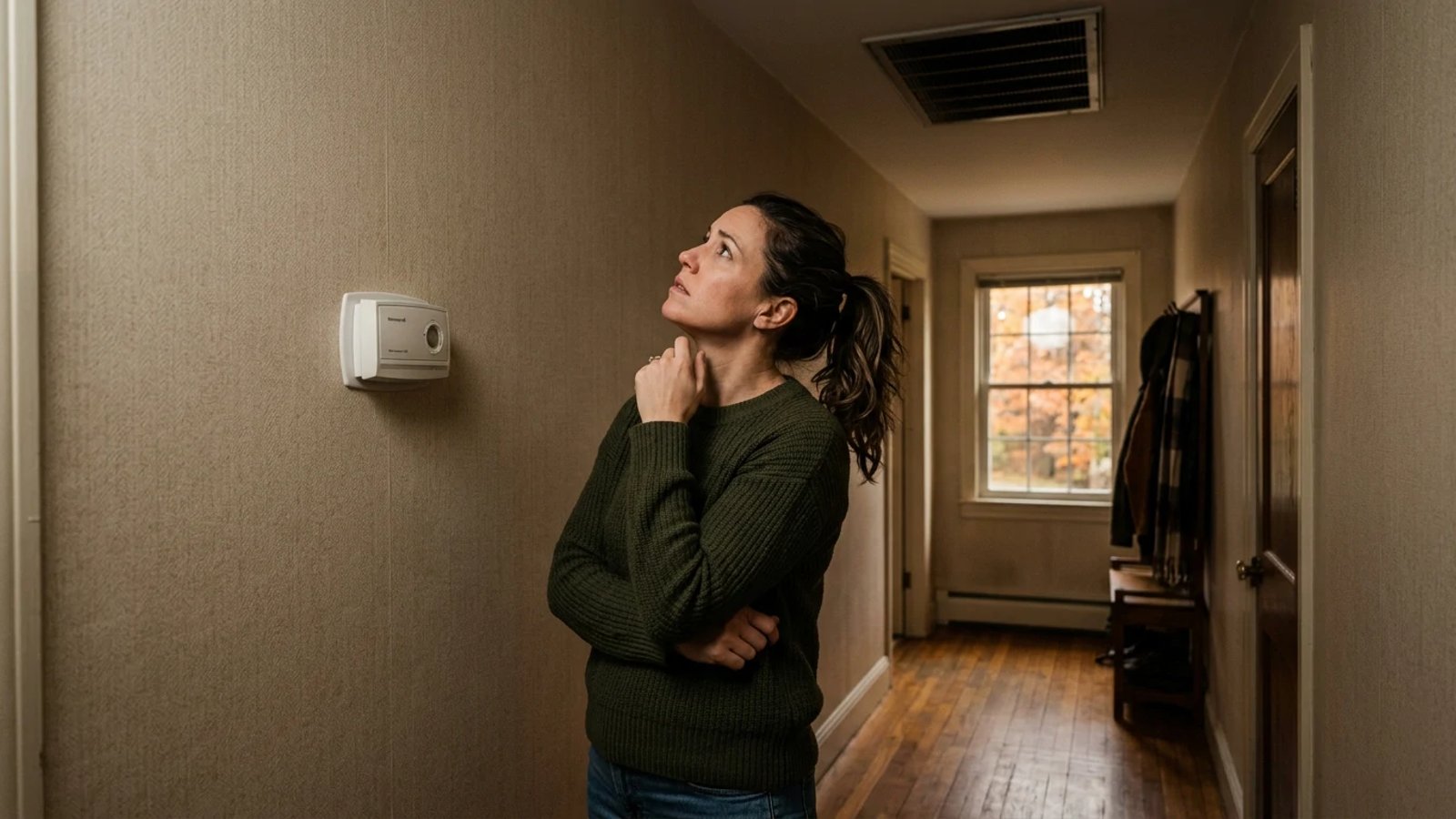 Homeowner looking concerned at a heating vent