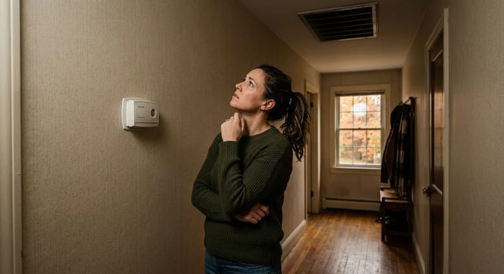 Homeowner looking concerned at a heating vent