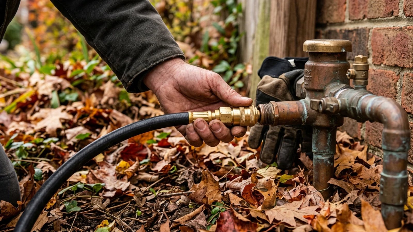 Connecting an air compressor hose to a sprinkler system backflow preventer for winterization