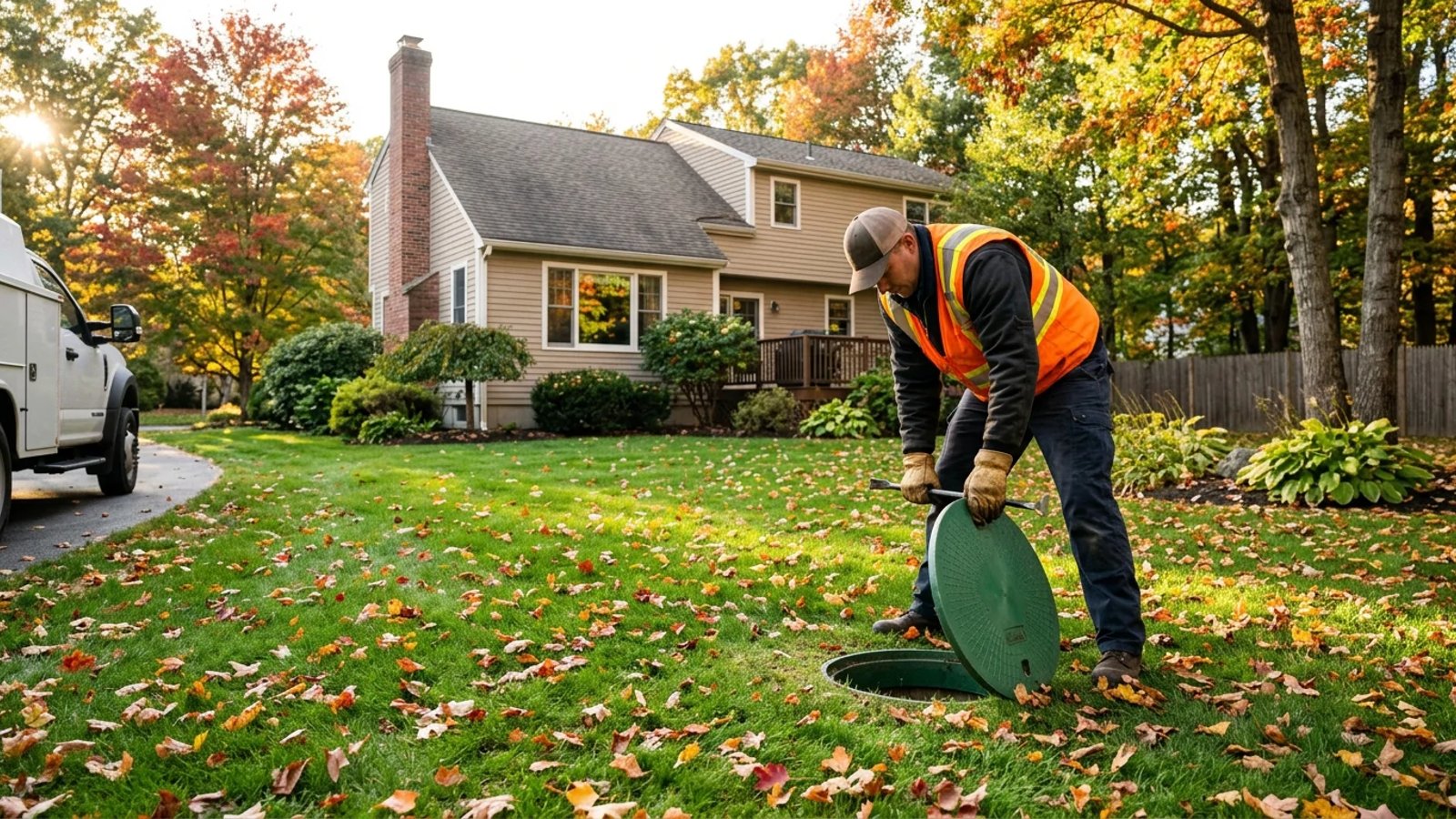 A septic technician lifting the lid of a residential septic tank in a fall backyard.