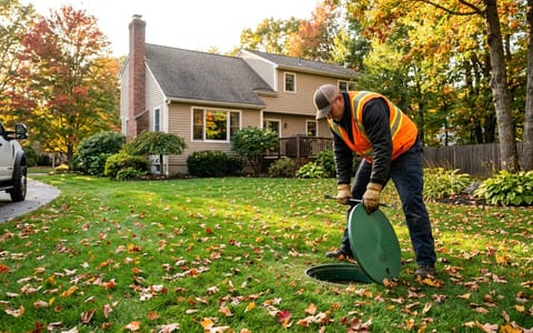 A septic technician lifting the lid of a residential septic tank in a fall backyard.