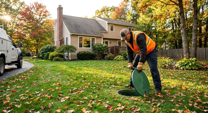 A septic technician lifting the lid of a residential septic tank in a fall backyard.