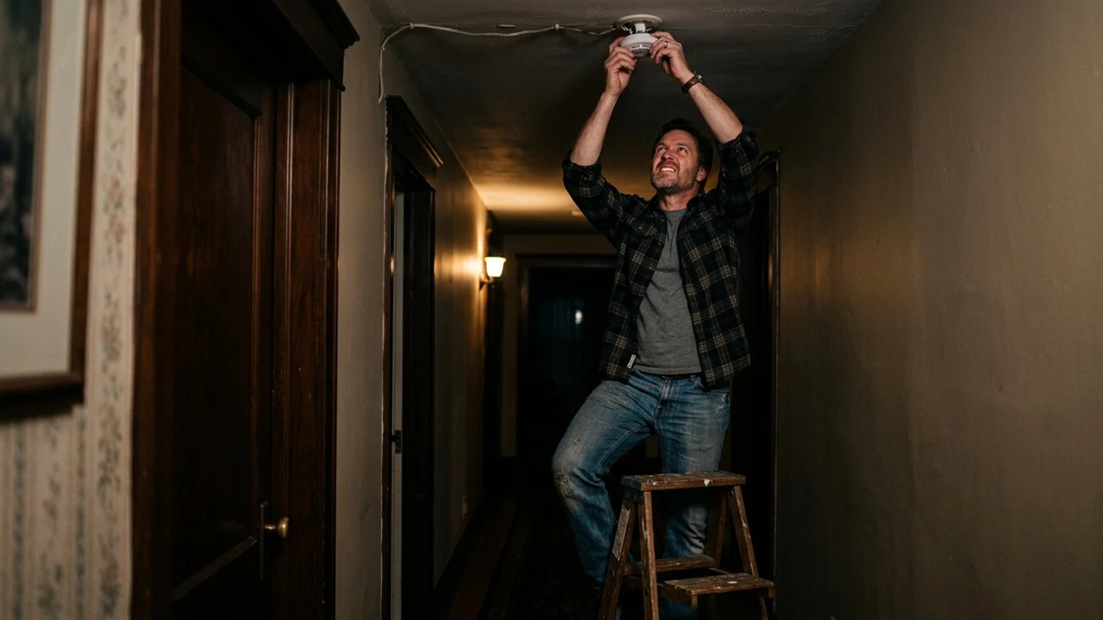 Homeowner reaching up to remove a smoke detector from the ceiling