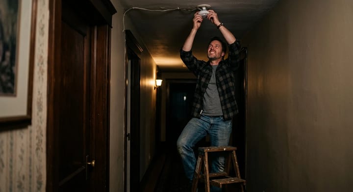 Homeowner reaching up to remove a smoke detector from the ceiling