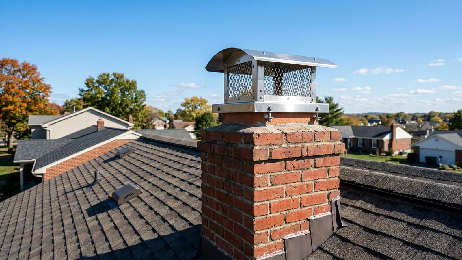 A stainless steel chimney cap installed on a red brick chimney