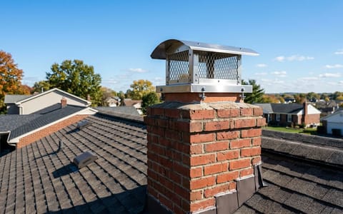 A stainless steel chimney cap installed on a red brick chimney