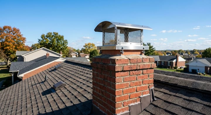 A stainless steel chimney cap installed on a red brick chimney