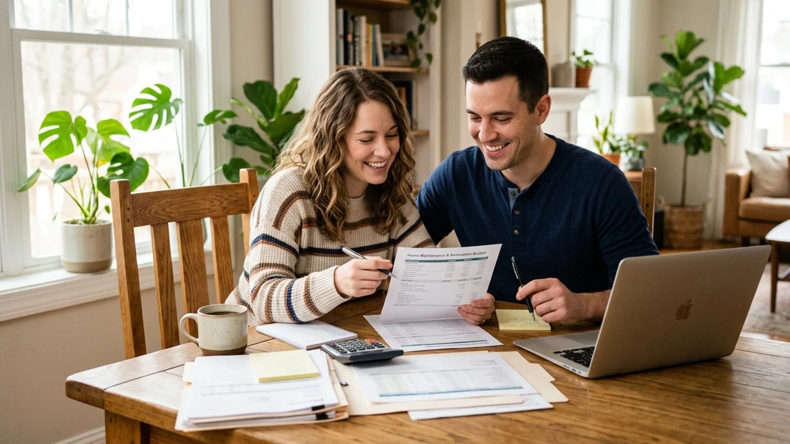 A couple reviewing home buying documents at a dining table.