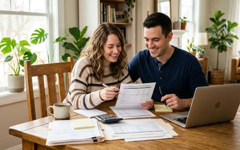 A couple reviewing home buying documents at a dining table.