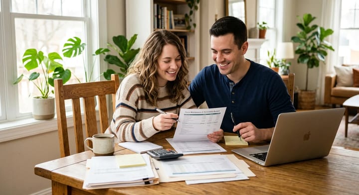 A couple reviewing home buying documents at a dining table.