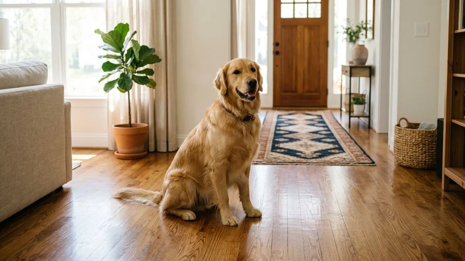 A dog sitting comfortably on a scratch-free hardwood floor