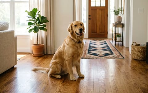 A dog sitting comfortably on a scratch-free hardwood floor