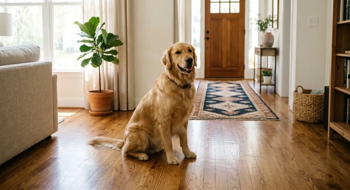 A dog sitting comfortably on a scratch-free hardwood floor