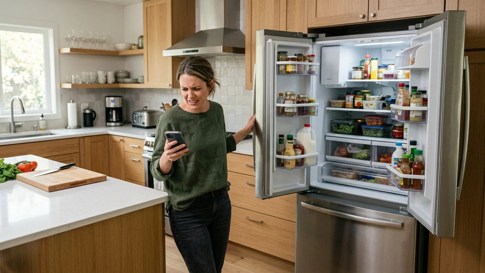 Homeowner checking their phone next to a broken refrigerator