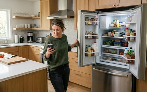 Homeowner checking their phone next to a broken refrigerator