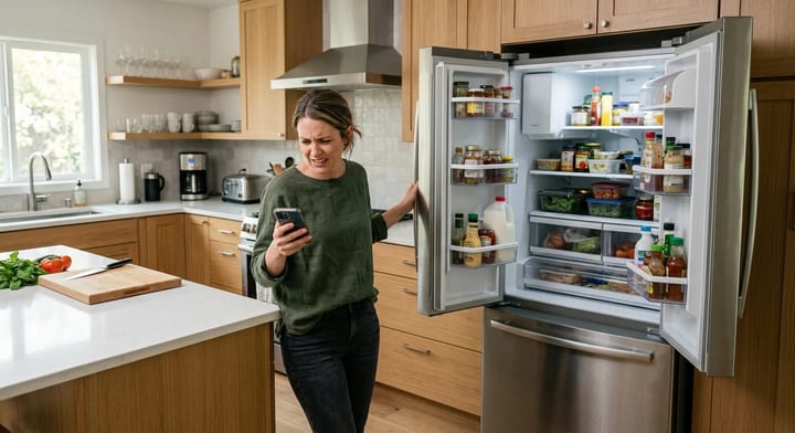Homeowner checking their phone next to a broken refrigerator