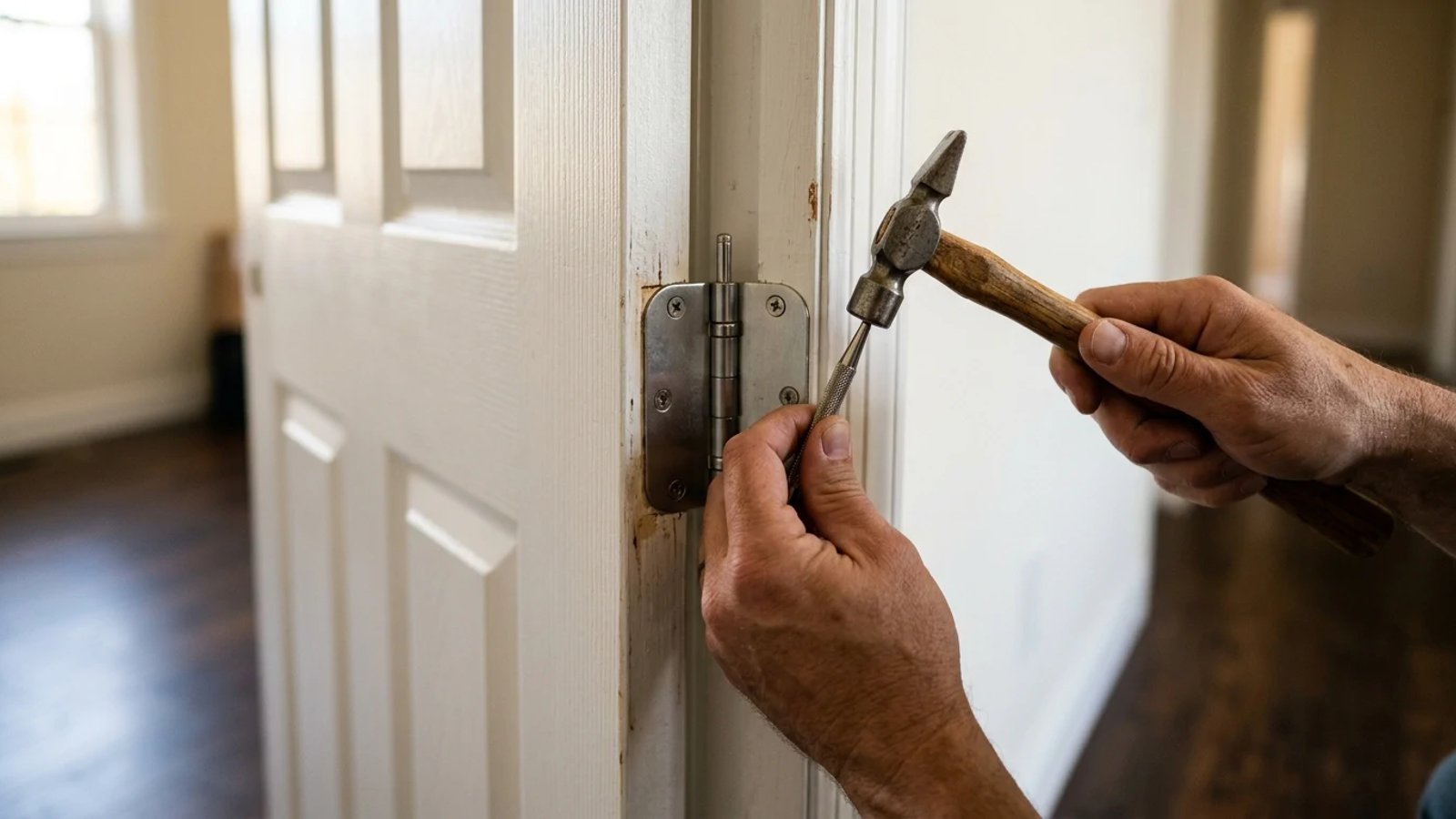 Hands tapping a hinge pin out of a residential door hinge with a hammer and punch