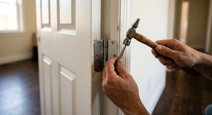 Hands tapping a hinge pin out of a residential door hinge with a hammer and punch