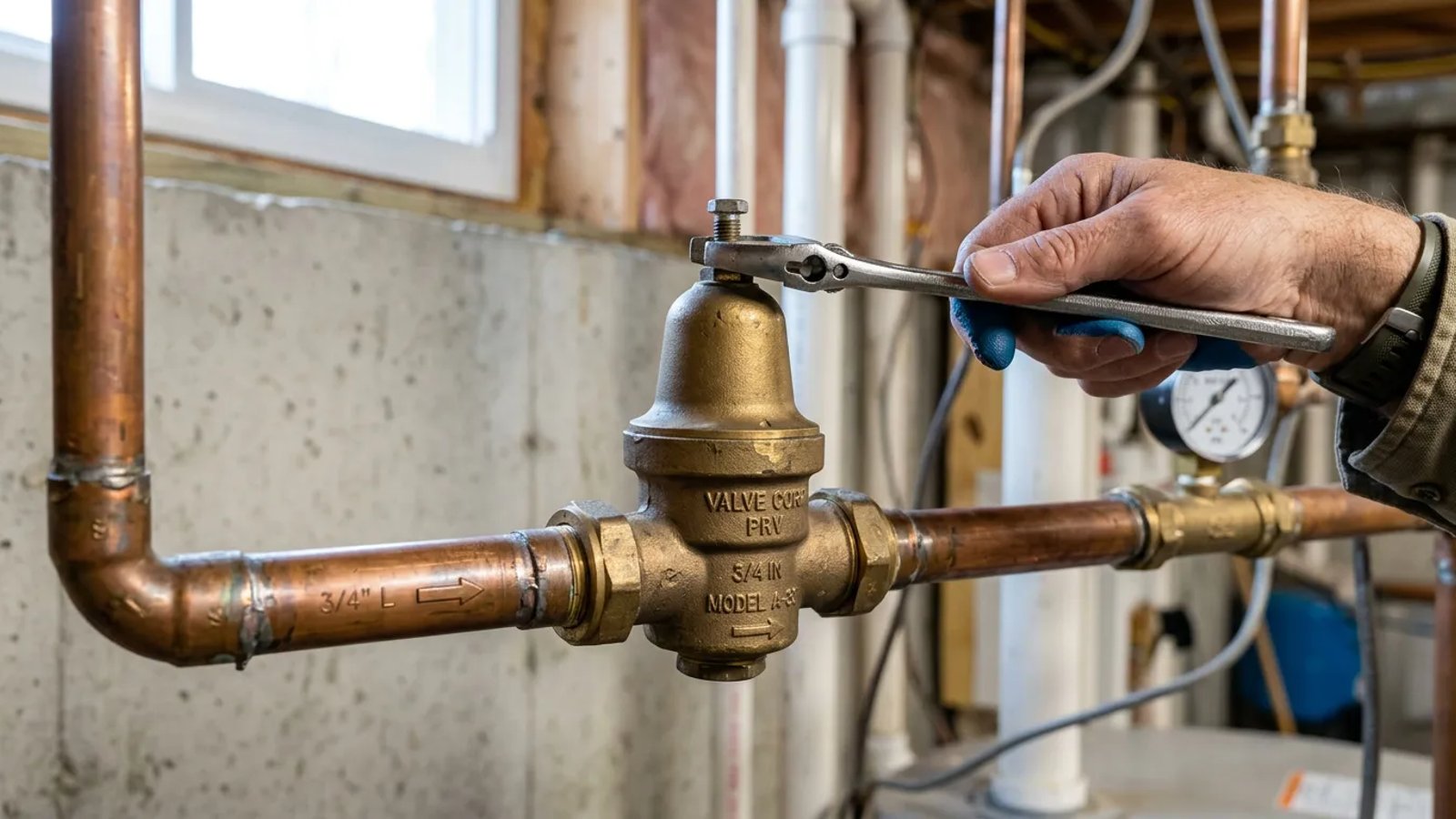 A homeowner using a wrench to adjust a brass water pressure reducing valve on a copper water main.