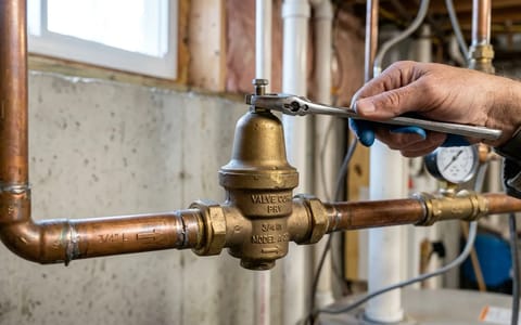 A homeowner using a wrench to adjust a brass water pressure reducing valve on a copper water main.