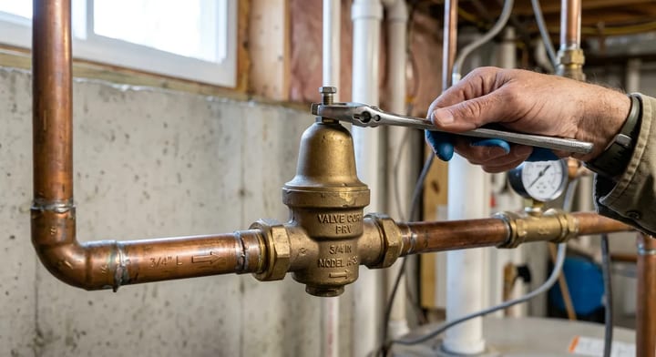 A homeowner using a wrench to adjust a brass water pressure reducing valve on a copper water main.