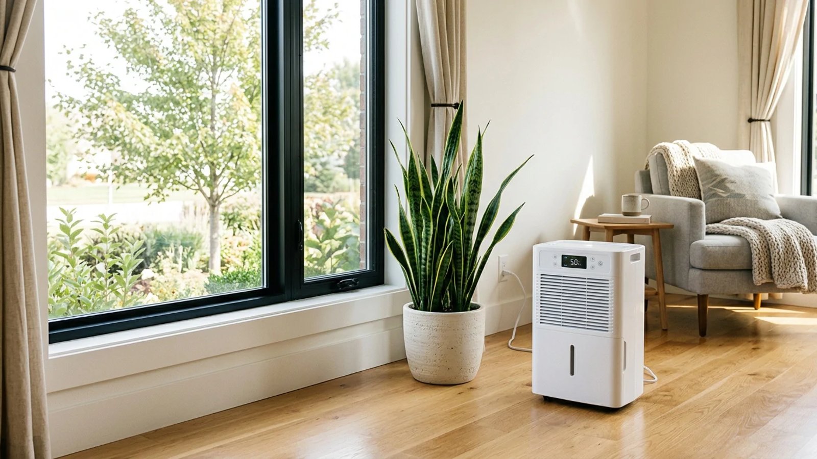 A modern dehumidifier running in a clean, sunlit living room