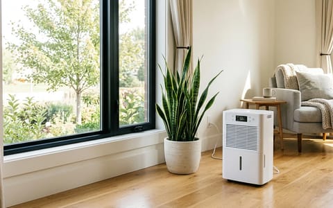 A modern dehumidifier running in a clean, sunlit living room