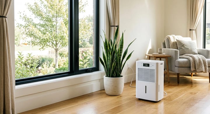 A modern dehumidifier running in a clean, sunlit living room