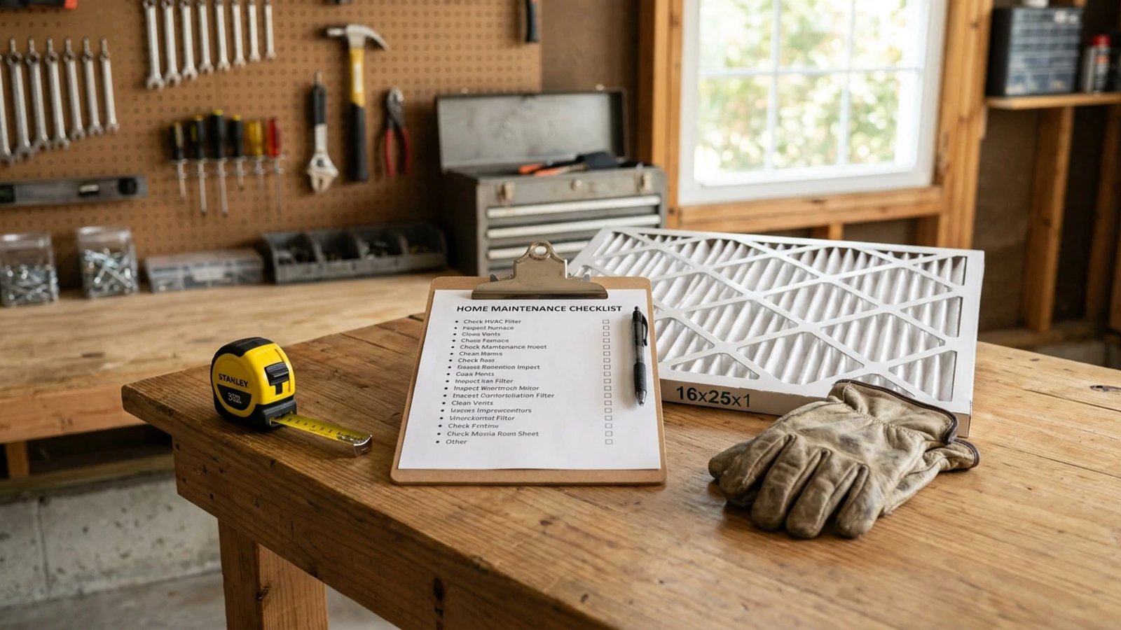A clipboard with a home maintenance checklist resting on a garage workbench next to tools and an HVAC filter.