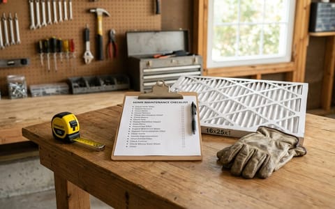 A clipboard with a home maintenance checklist resting on a garage workbench next to tools and an HVAC filter.