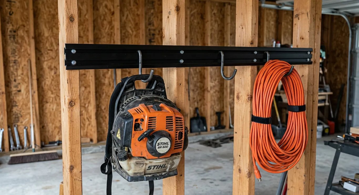 Wall-mounted track system holding heavy yard tools.