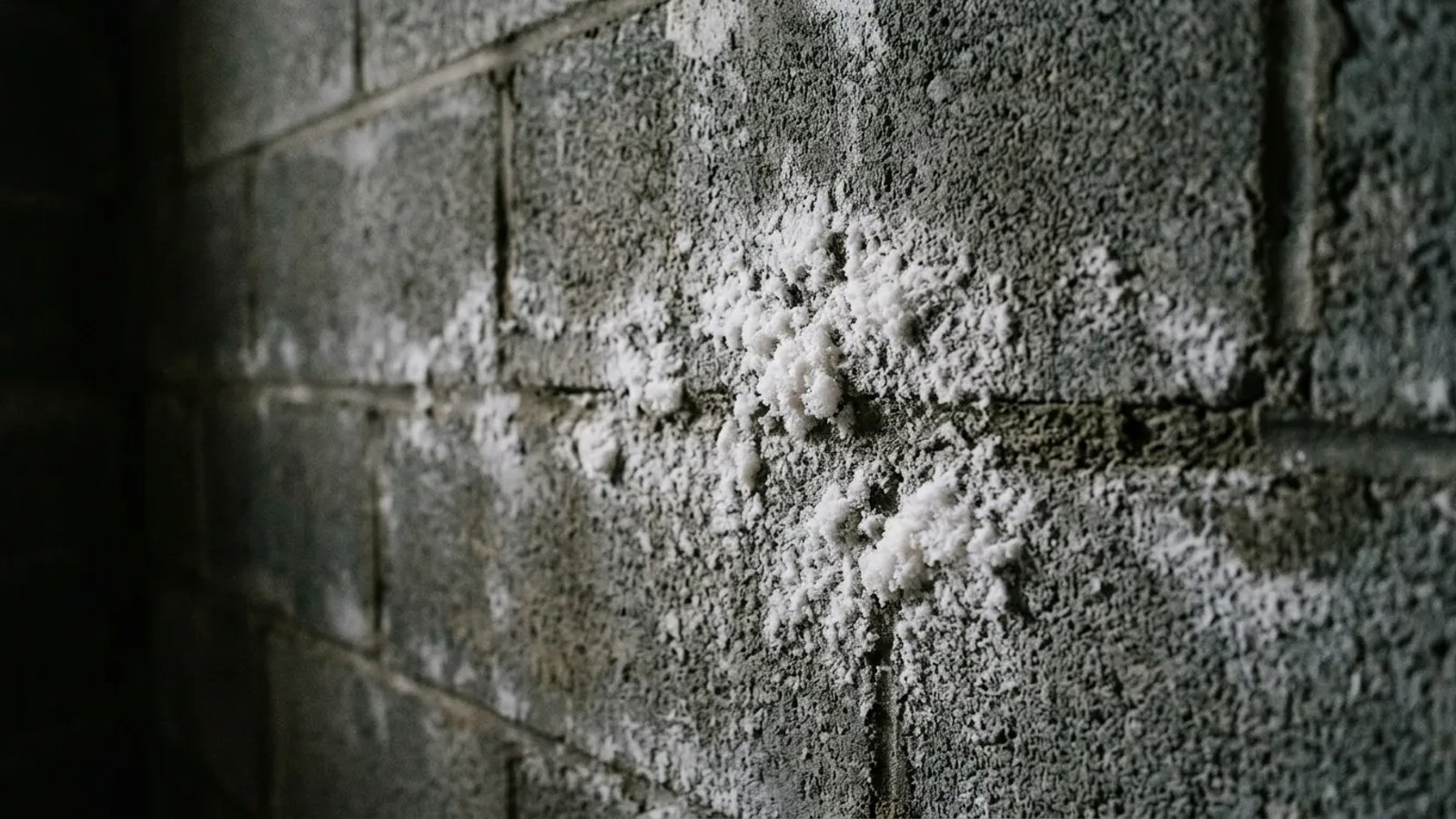 Close-up of white chalky efflorescence powder on a concrete basement wall