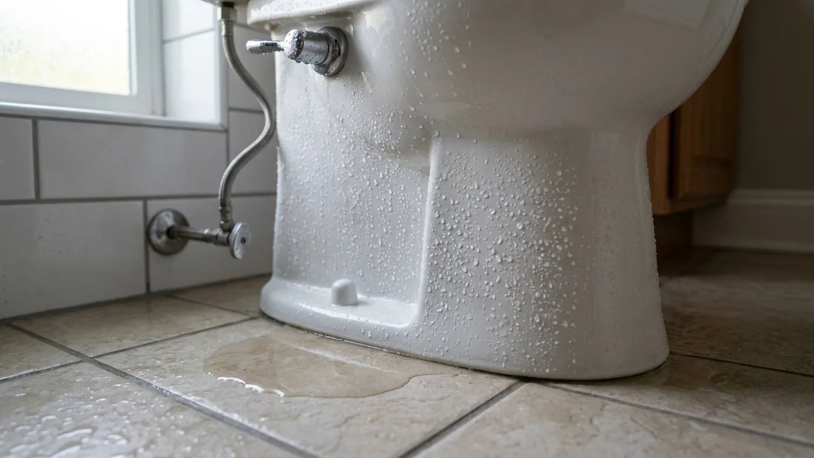 A sweating toilet tank with heavy condensation dripping onto a bathroom floor