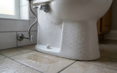 A sweating toilet tank with heavy condensation dripping onto a bathroom floor