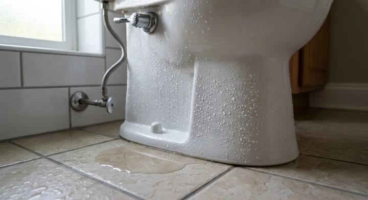 A sweating toilet tank with heavy condensation dripping onto a bathroom floor