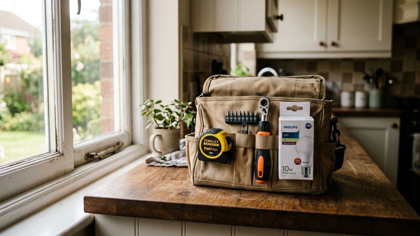 An open tool bag on a kitchen counter ready for weekend home repairs.