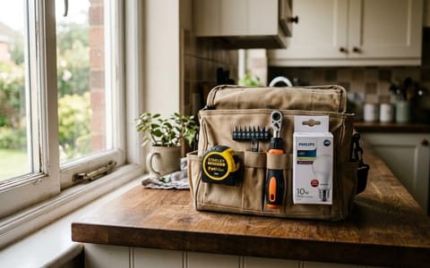 An open tool bag on a kitchen counter ready for weekend home repairs.