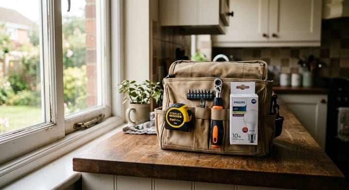 An open tool bag on a kitchen counter ready for weekend home repairs.