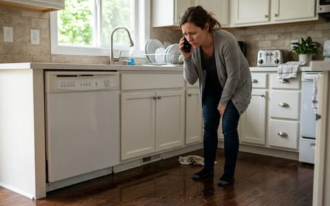 Homeowner looking at water leaking from a kitchen appliance